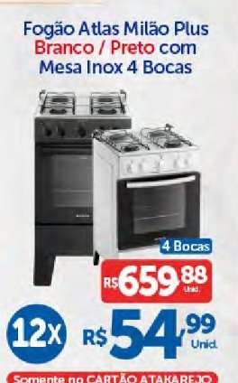 Fogão Atlas Milão Plus Branco/Preto com Mesa Inox 4 Bocas